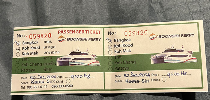 Ticket with Boonsiri Ferry  from Koh Kood to Bangkok