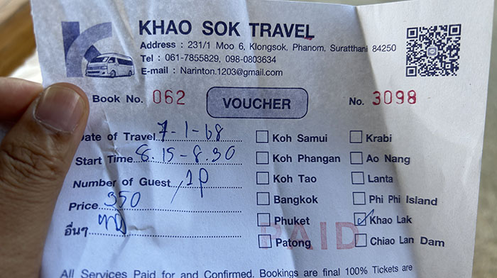 My van ticket from Khao Sok to Khao Lak