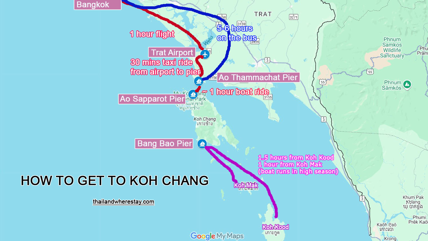 How to get to Koh Chang from Bangkok Map