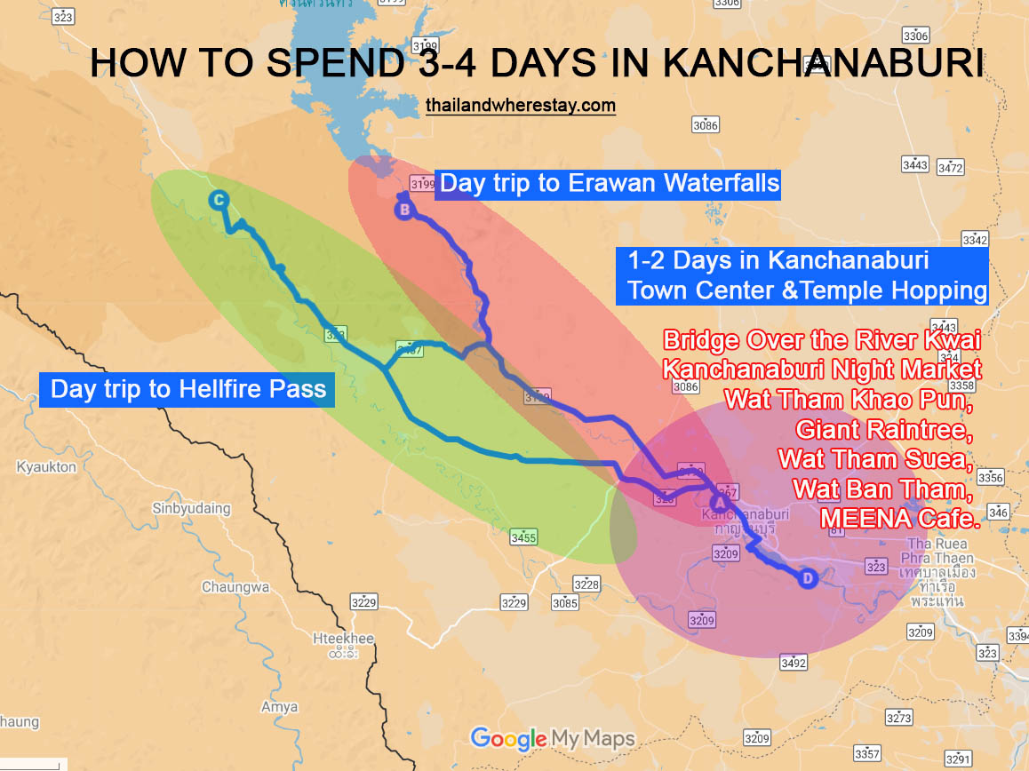 3-4 days in Kanchanaburi Itinerary Map