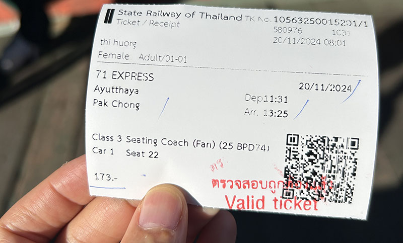 Train ticket Ayutthaya and Pak Chong
