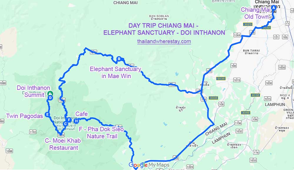 Day trip Map: Chiang Mai Doi Inthanon and Elephan Sanctuary 