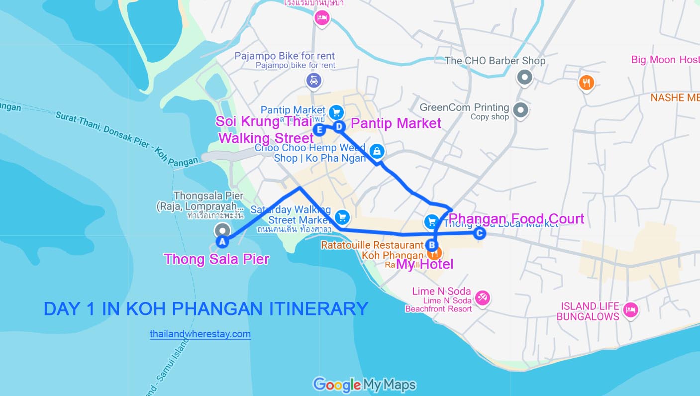 Day 1 Koh Phangan itinerary Map