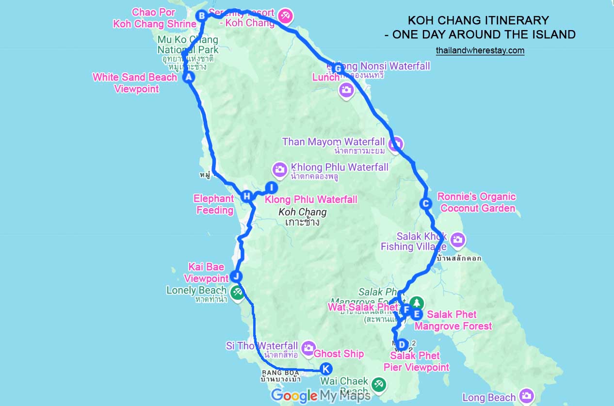 Koh Chang itinerary map: One day around the island