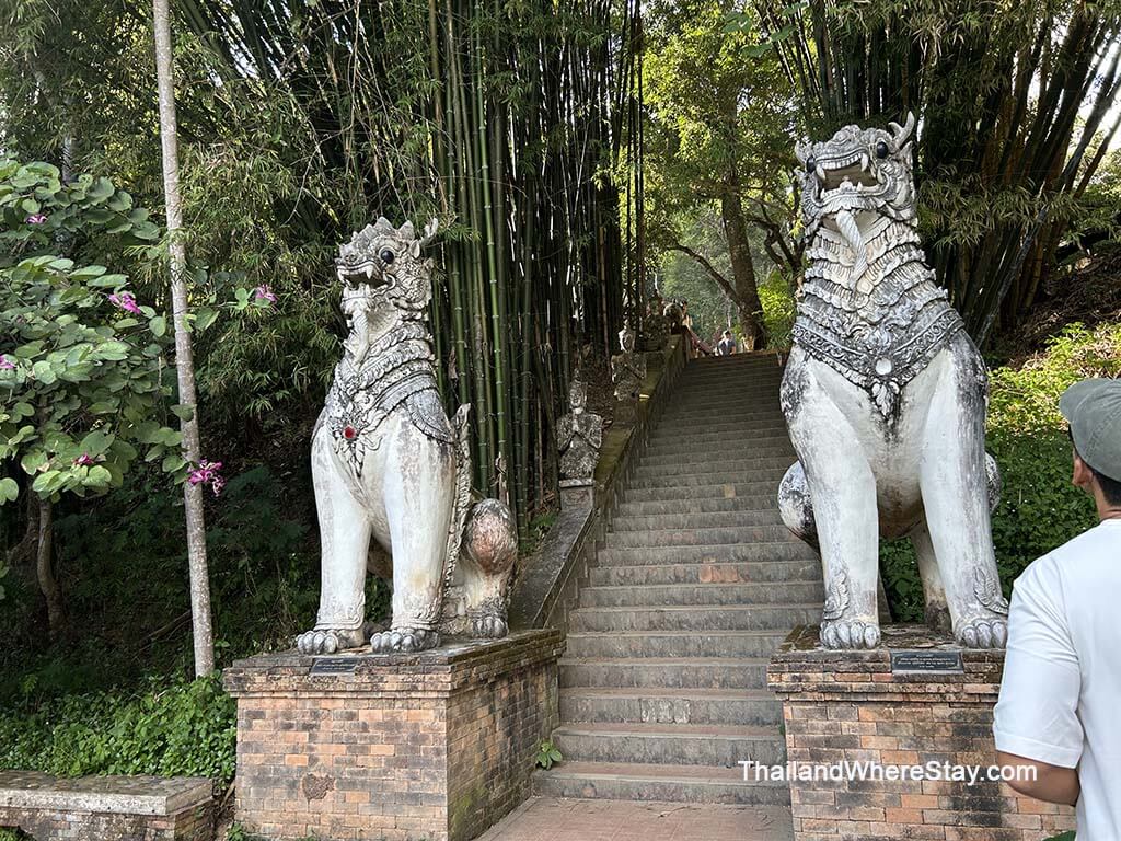 Lion statues and bamboo at Wat Pha Lat