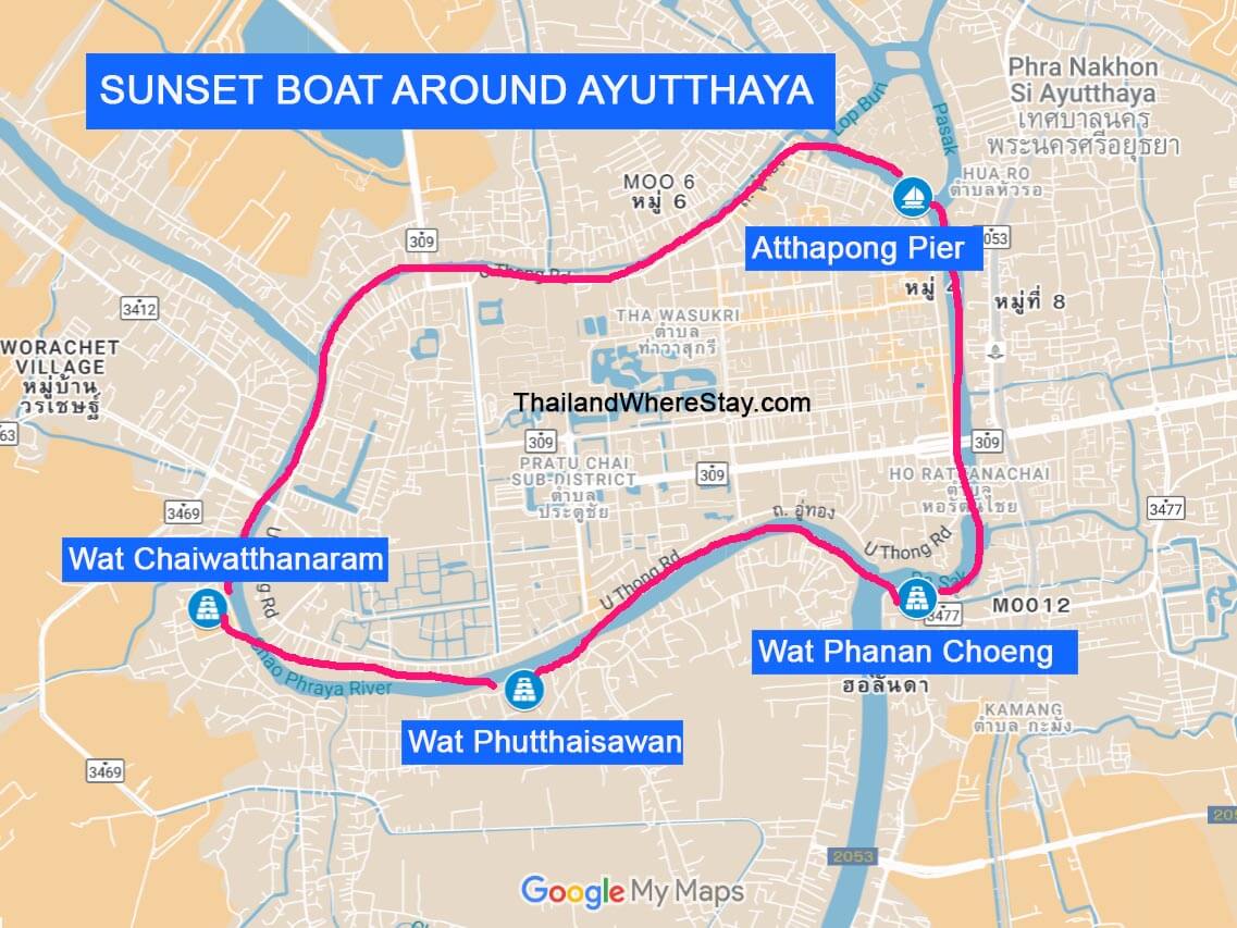 Map of Ayutthaya boat trip