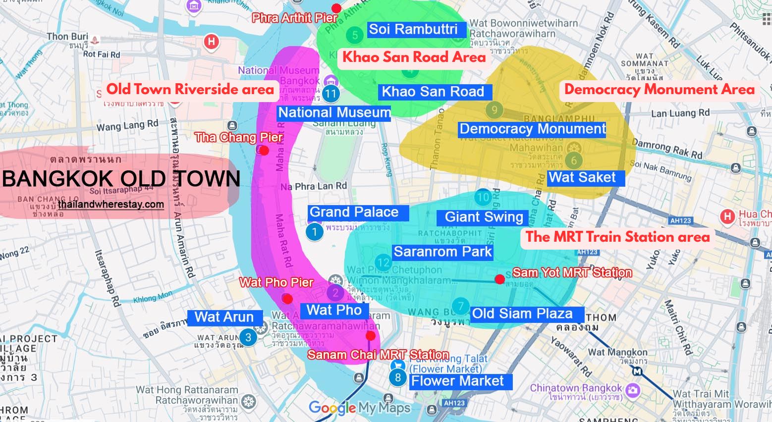 Major Areas in Old Town Bangkok