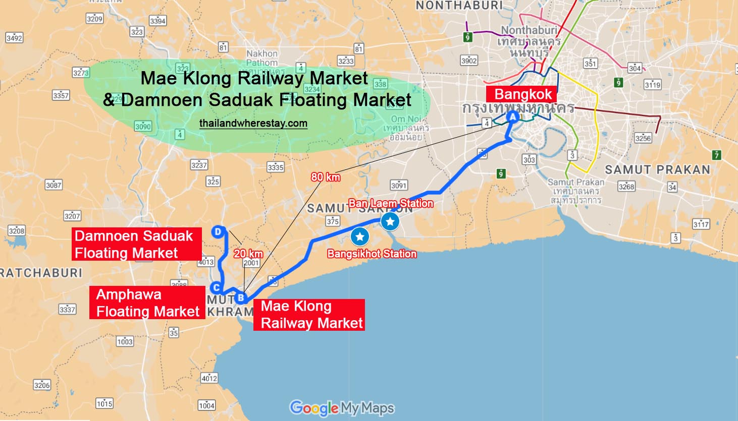 Bangkok's Railway market and floating market on Map