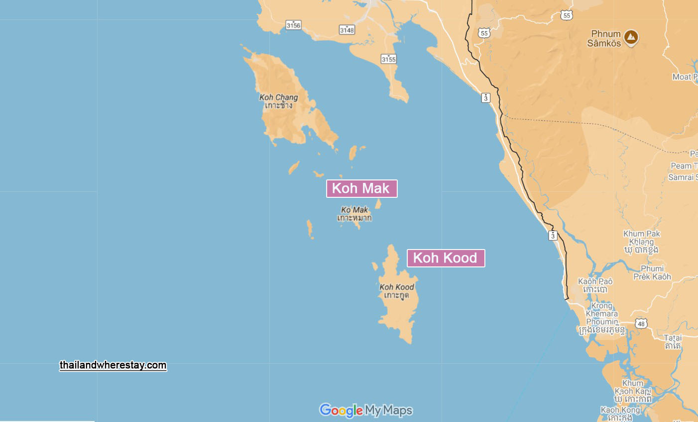 Koh Kood and Koh Mak on map