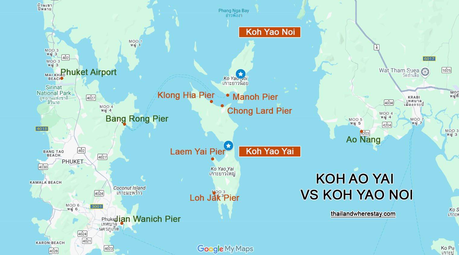 Koh Yao Yai vs Koh Yao Noi on map