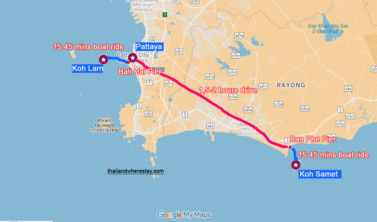 Koh Larn Koh Samed distance to Pattaya