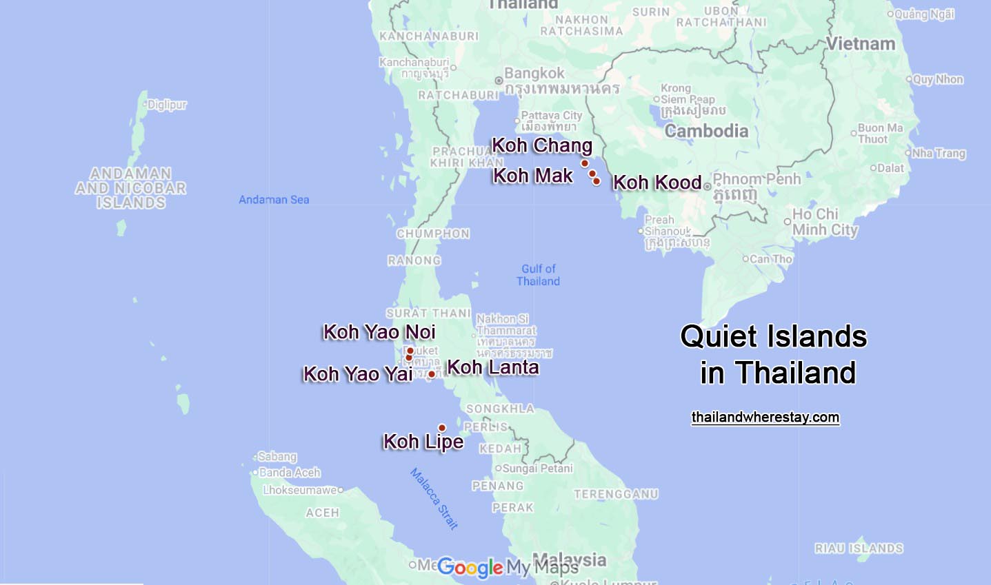 Quiet islands in Thailand map