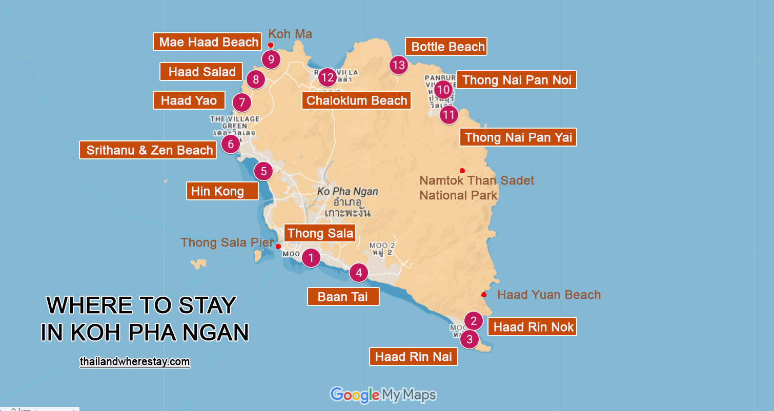 Where to stay in Koh Phangan Map