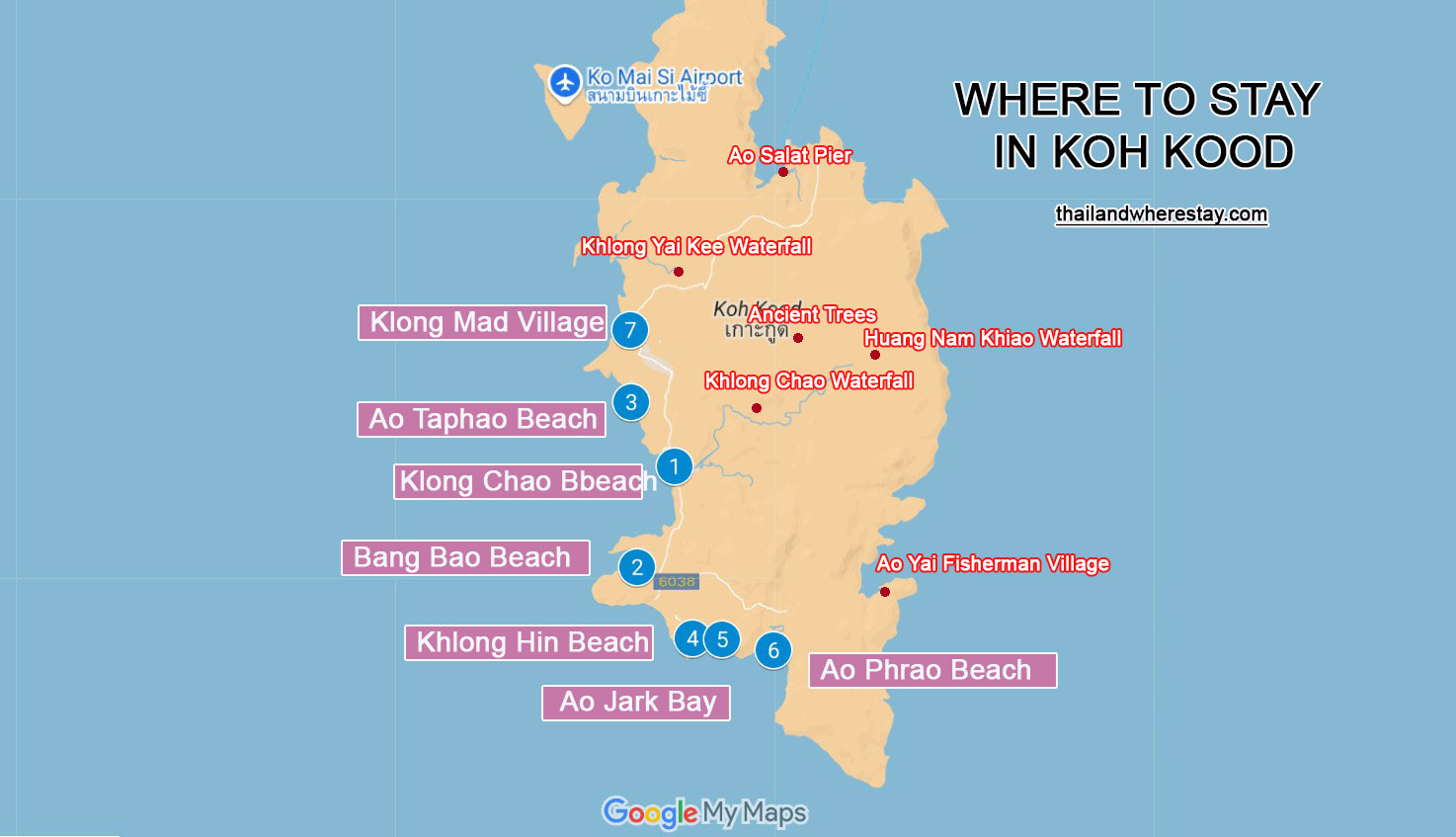 Map where to stay in Koh Kood Thailand