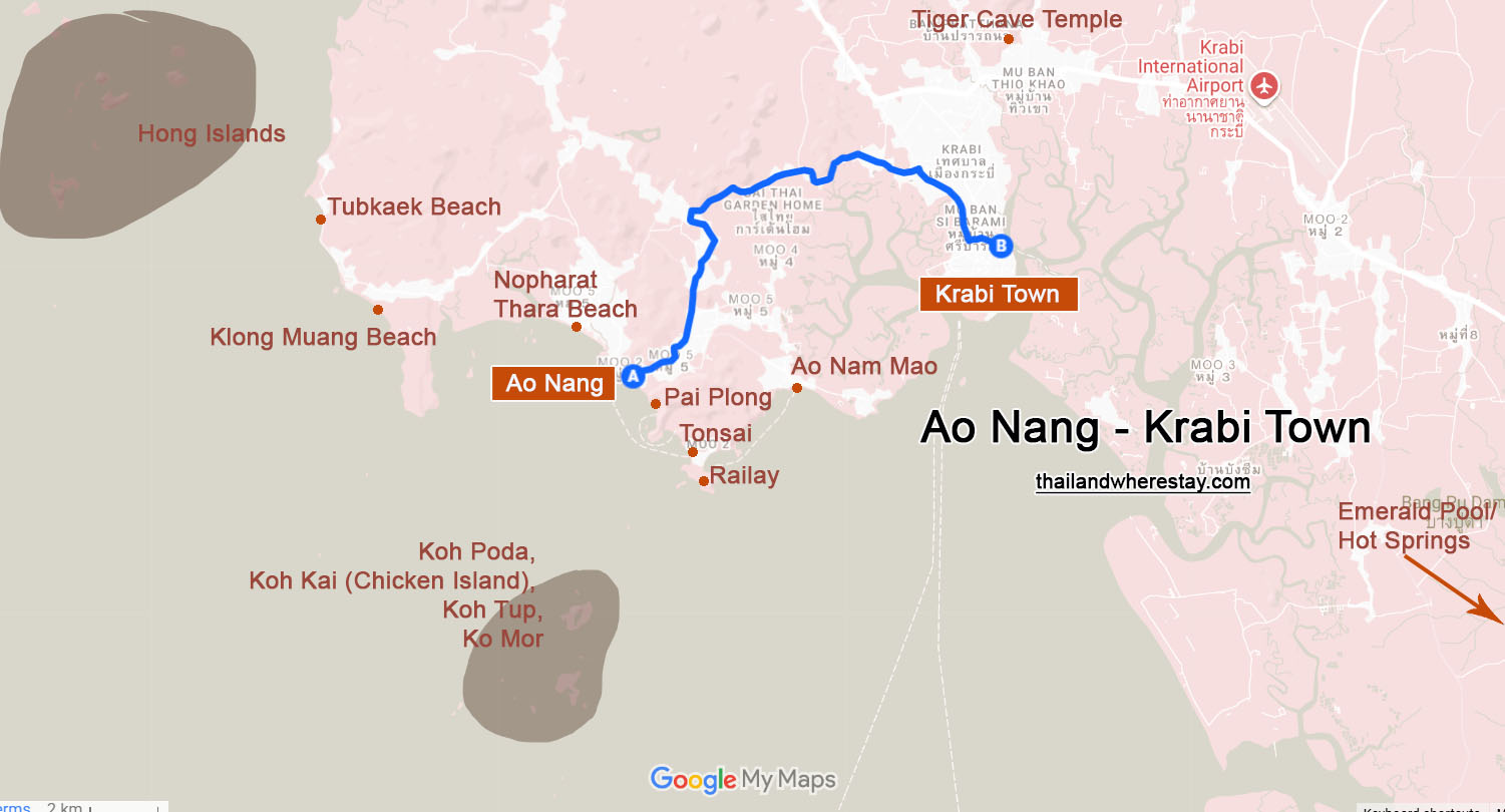 Ao Nang vs Krabi Town on Map