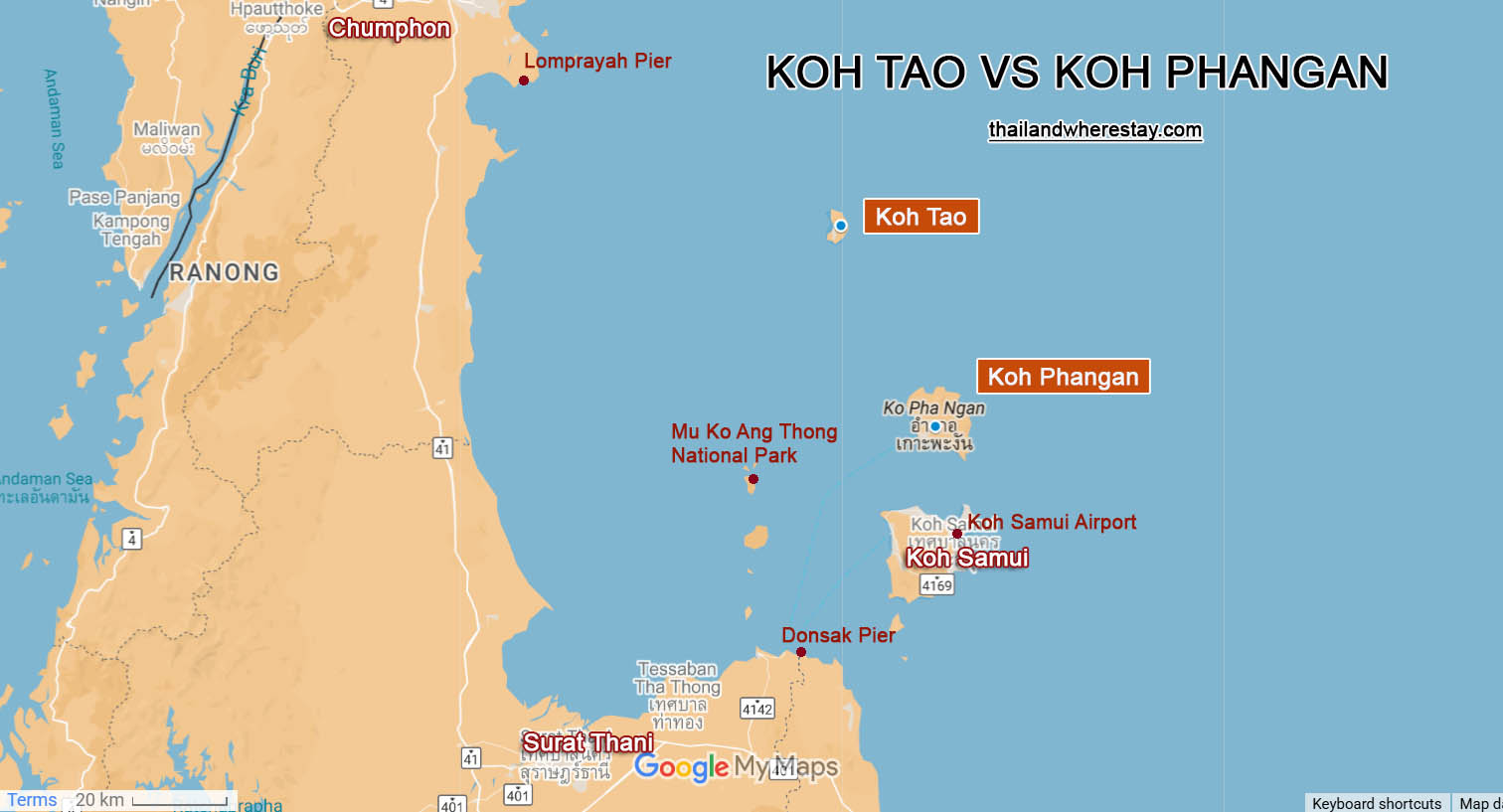 Ko Tao and Ko phangan on map
