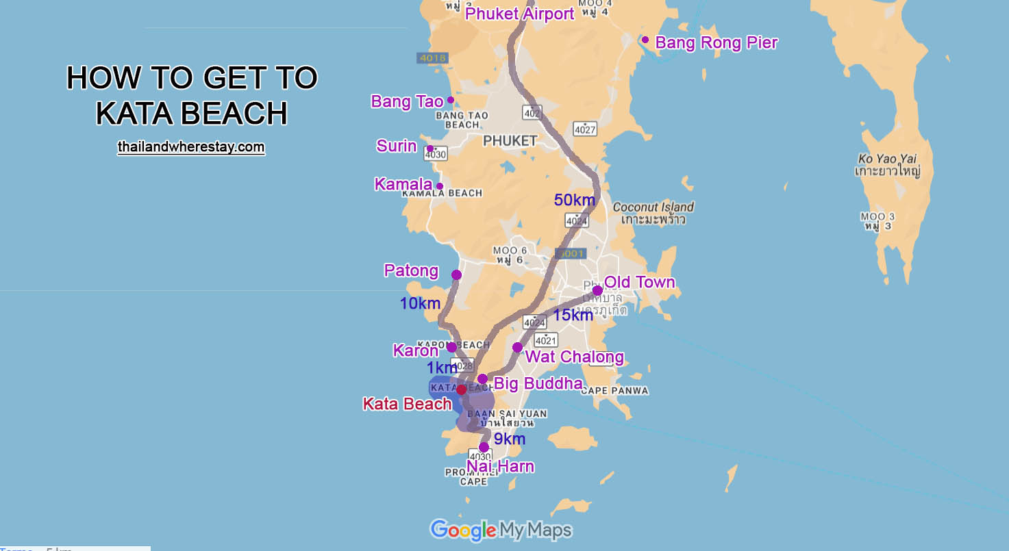 Kata distance to other towns in Phuket on Map