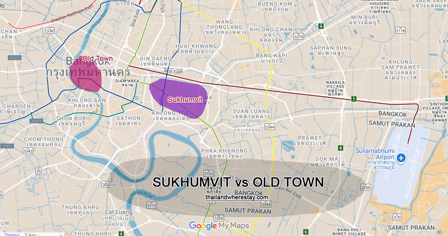 Bangkok Old Town vs Sukhumvit location on map