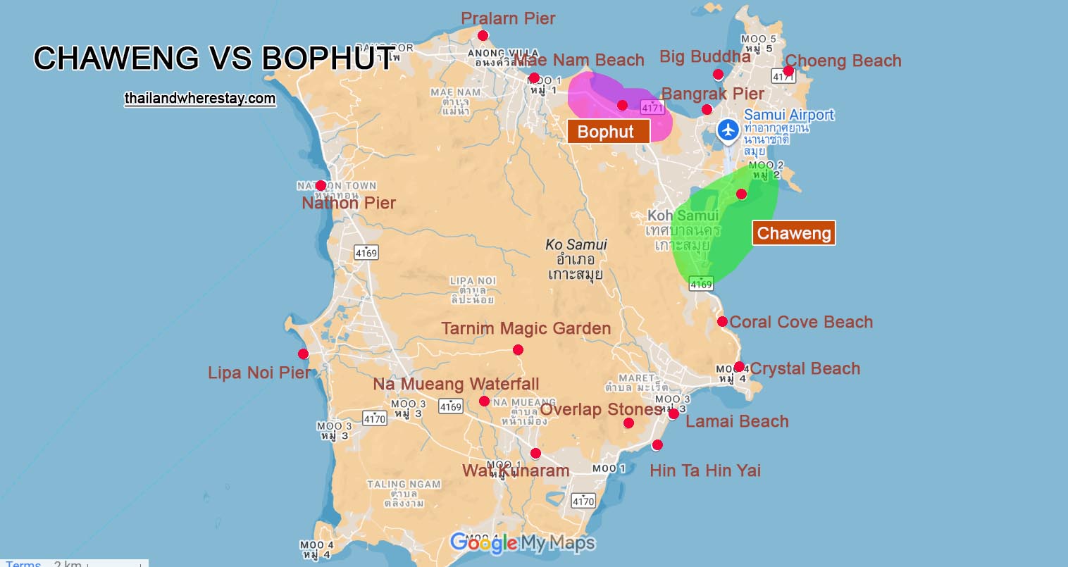 Bophut vs Chaweng location on map