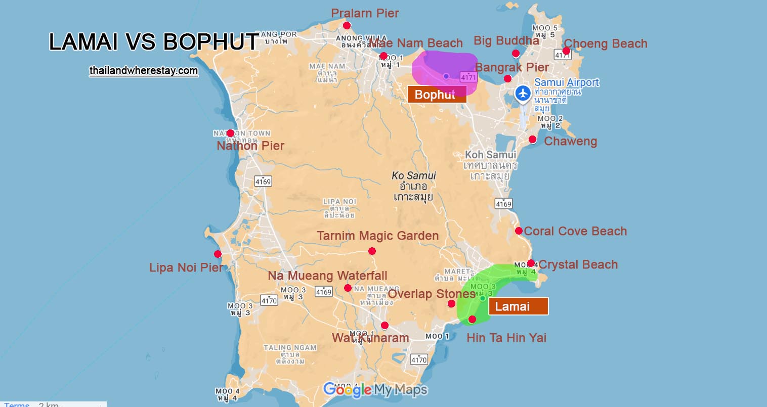 Bophut vs Lamai location on map