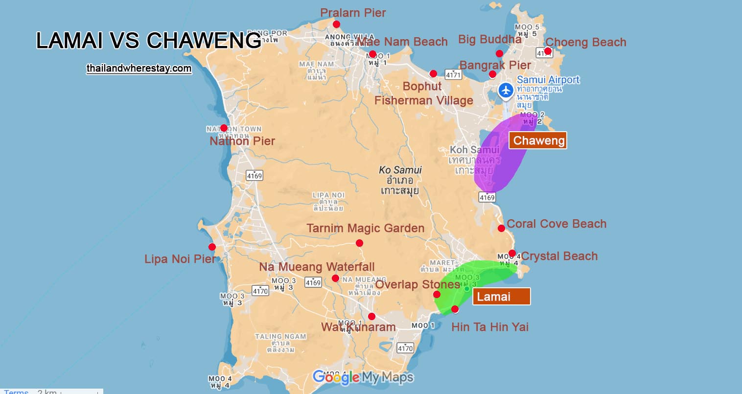 Chaweng and Lamai location on map