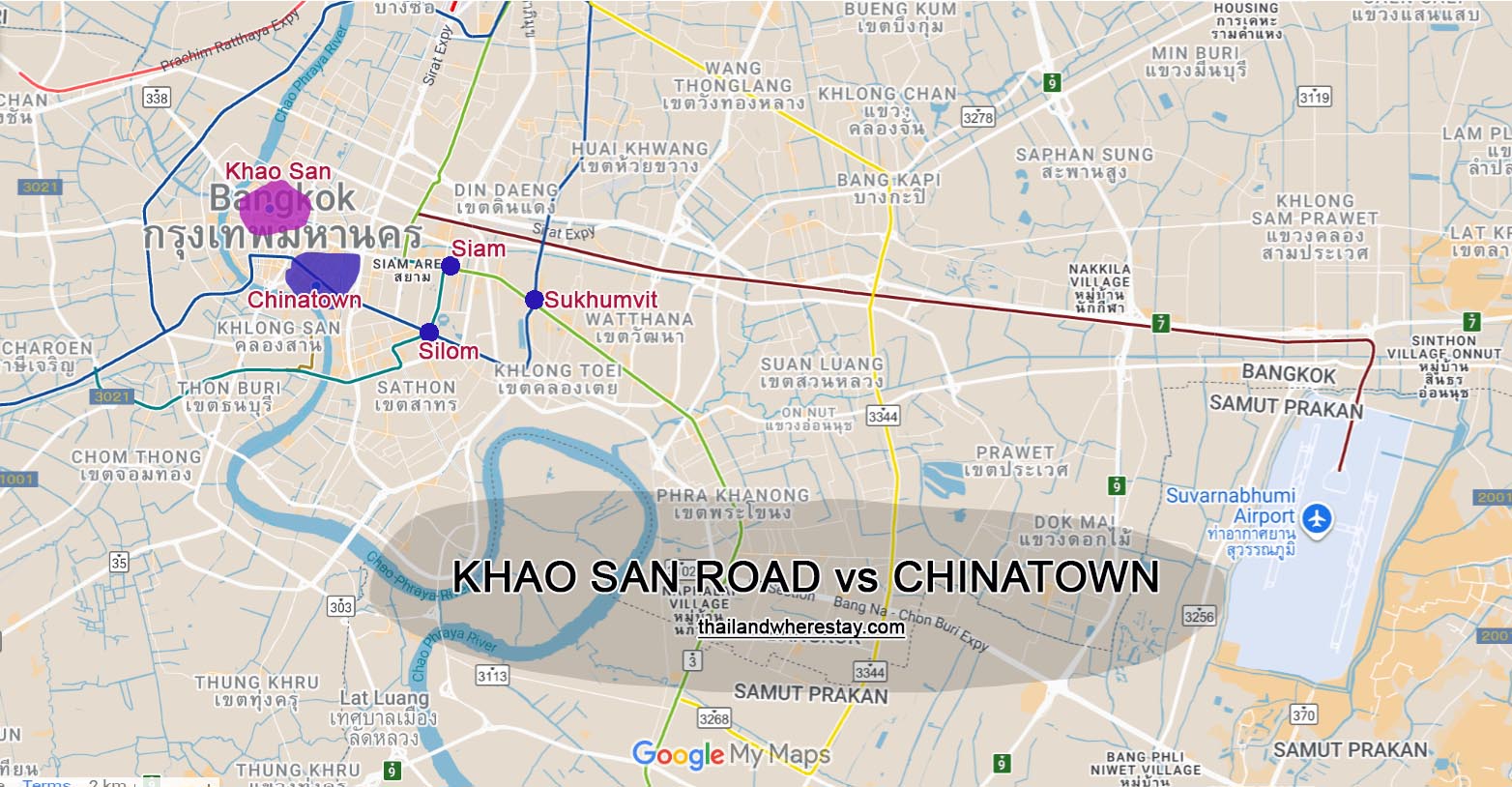 Khao San vs Chiantown location on map