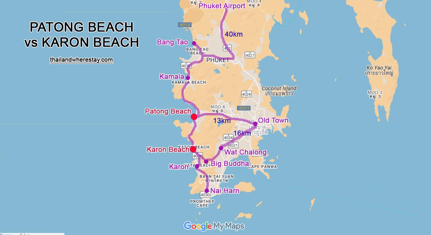 Patong and Karon on map