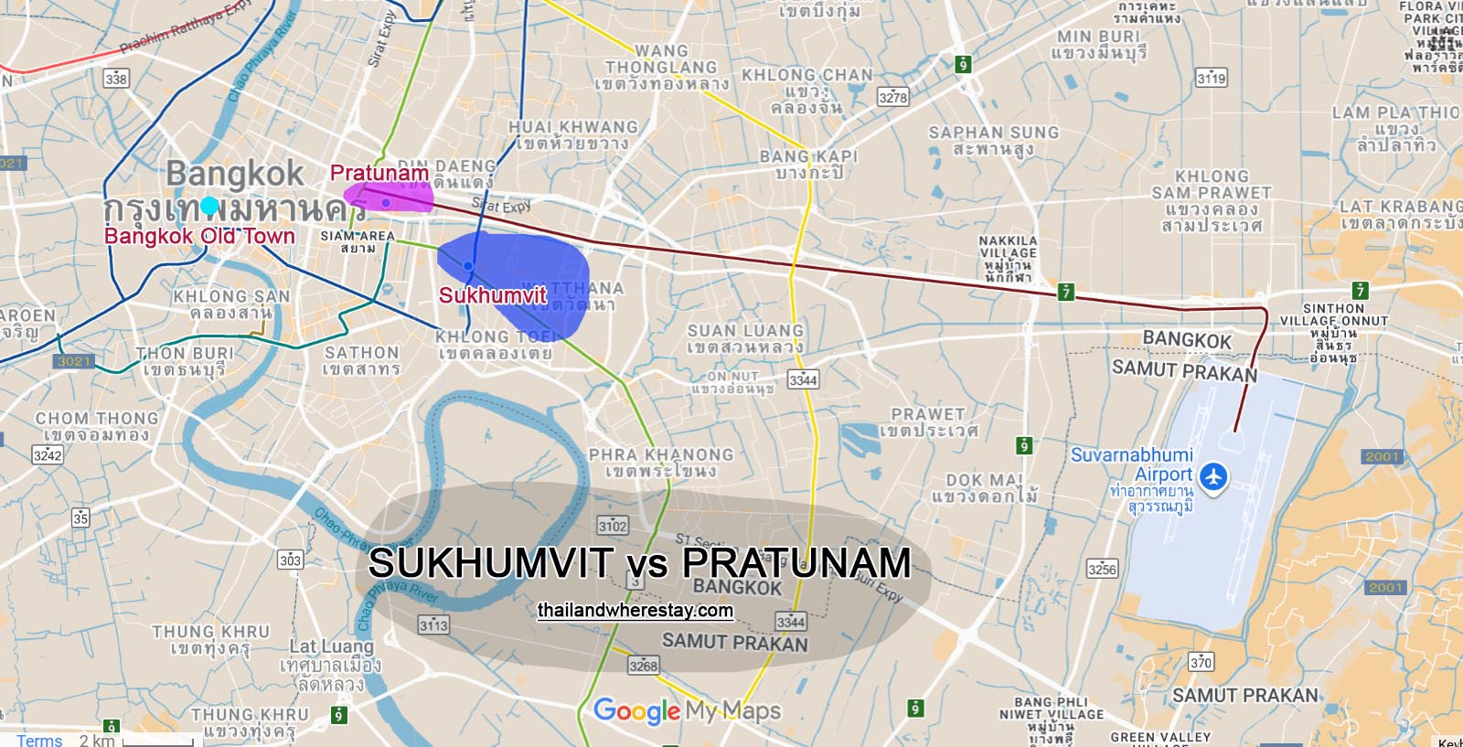 Sukhumvit vs Pratunam on map