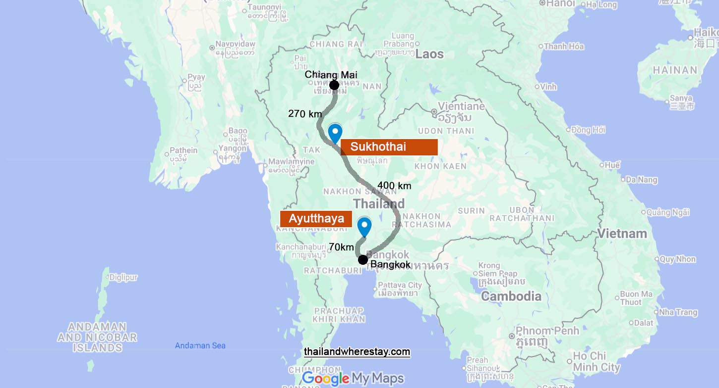 Ayutthaya and Sukhothai location on map