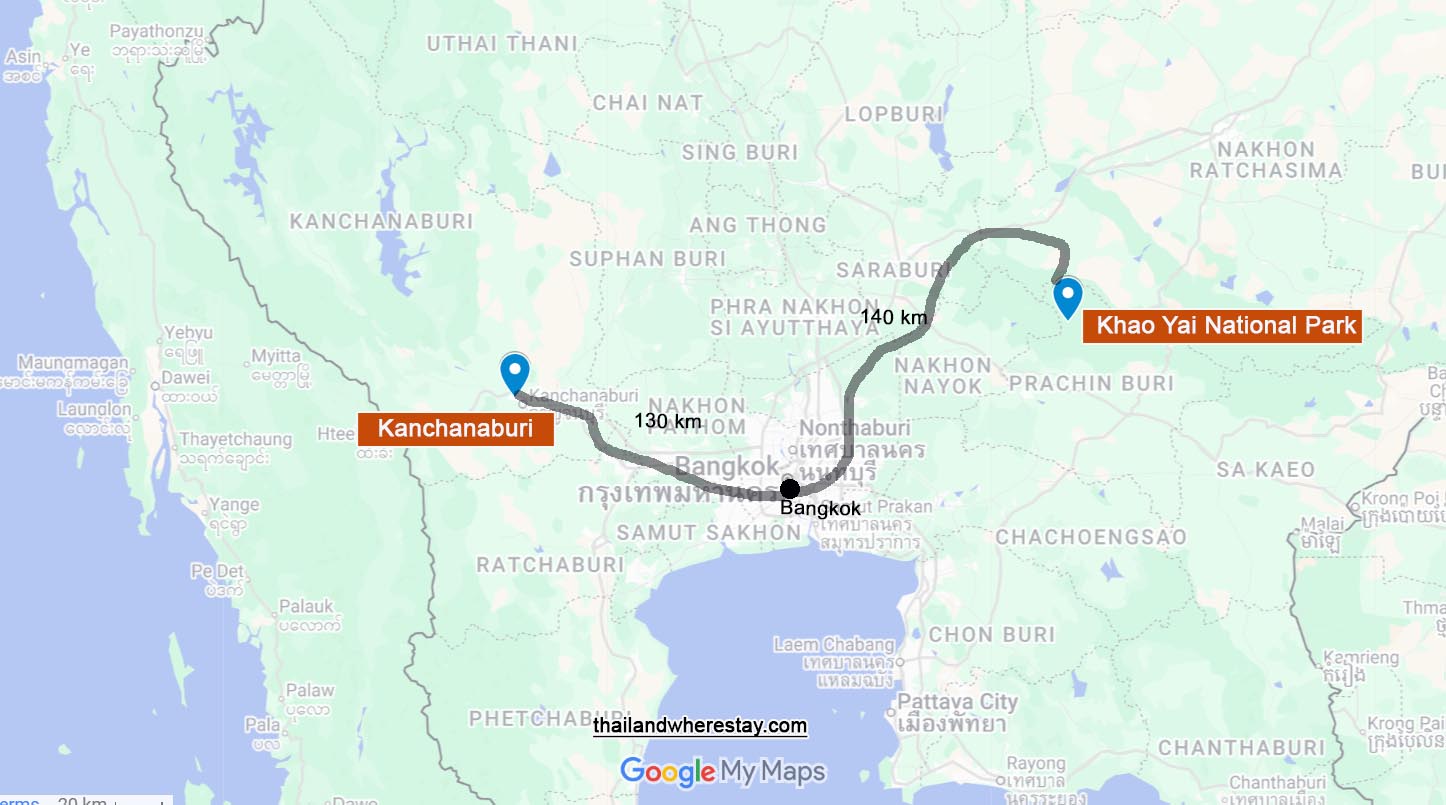 Kanchanaburi and Khao Yai on map