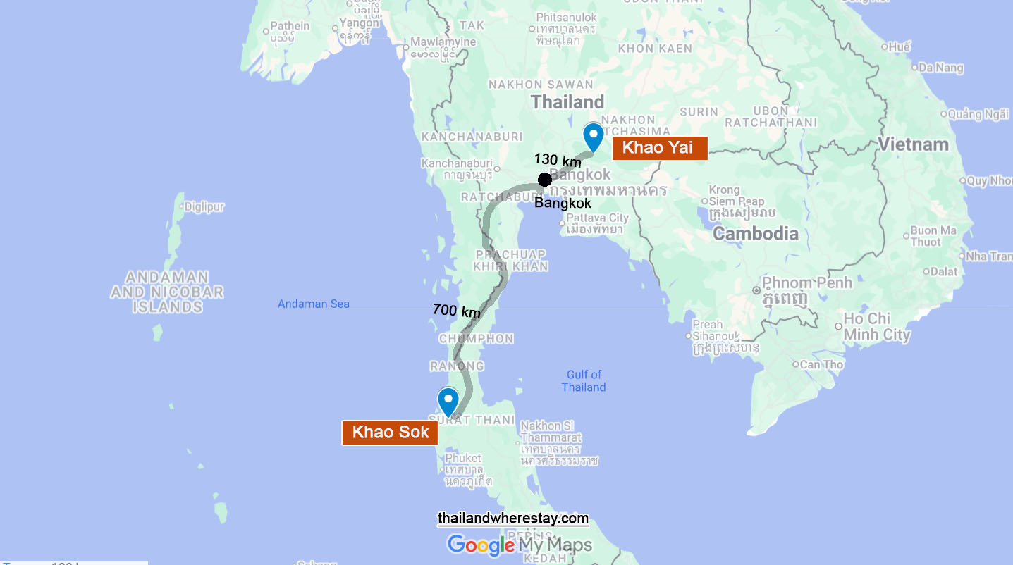 Khao Yai and Khao Sok on map