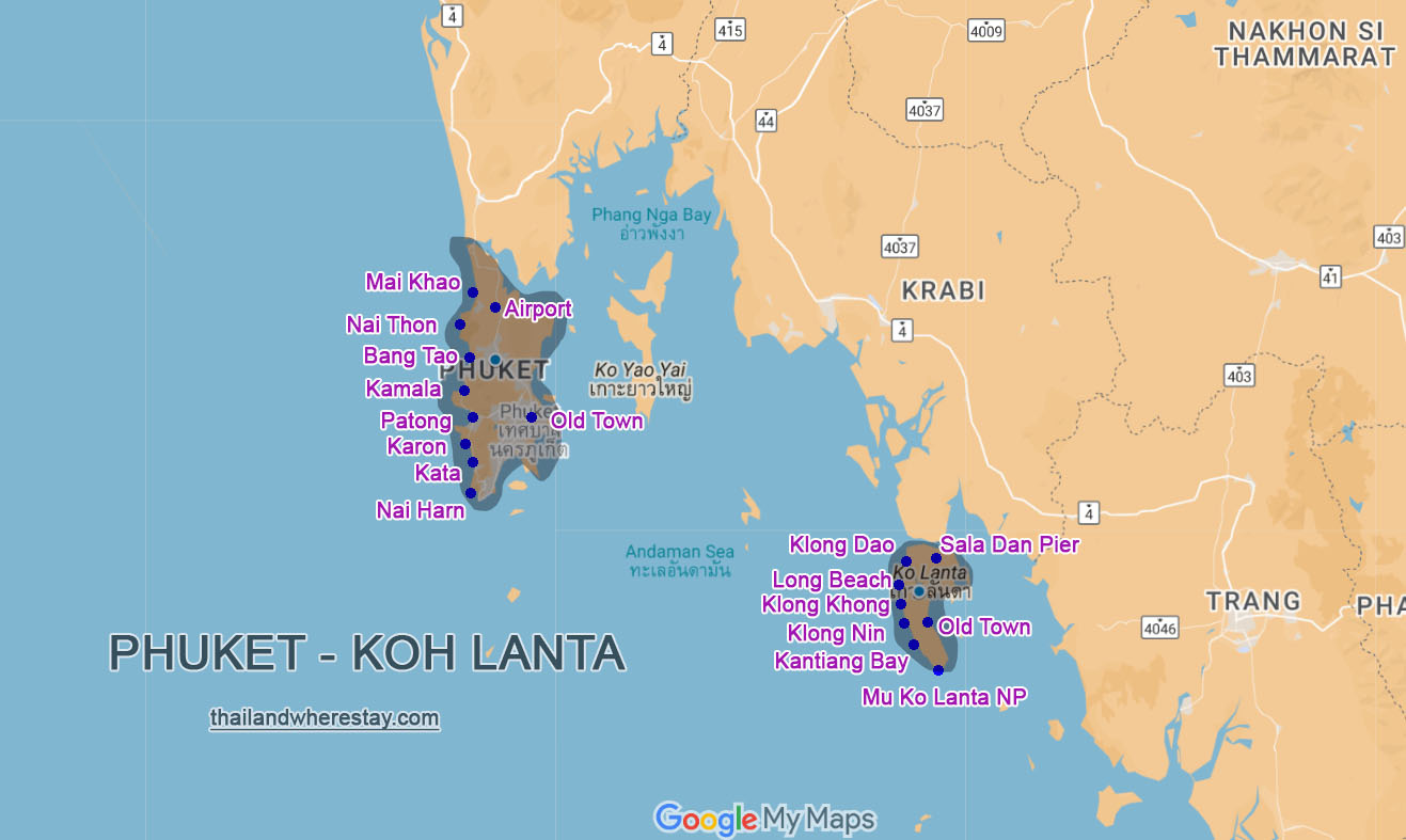 Phuket and Lanta beaches on map