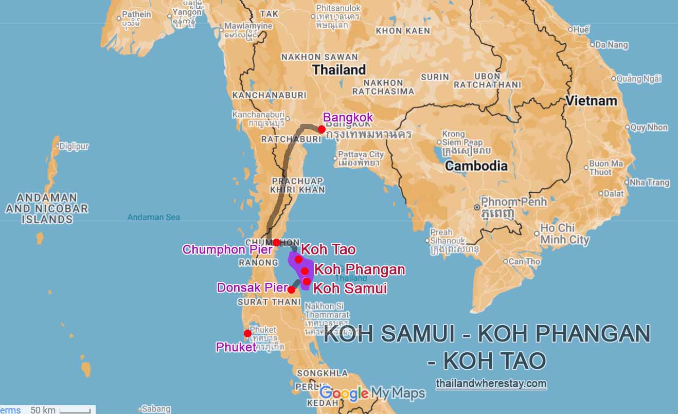 Ko Samui, Phangan, Ko Tao location on map