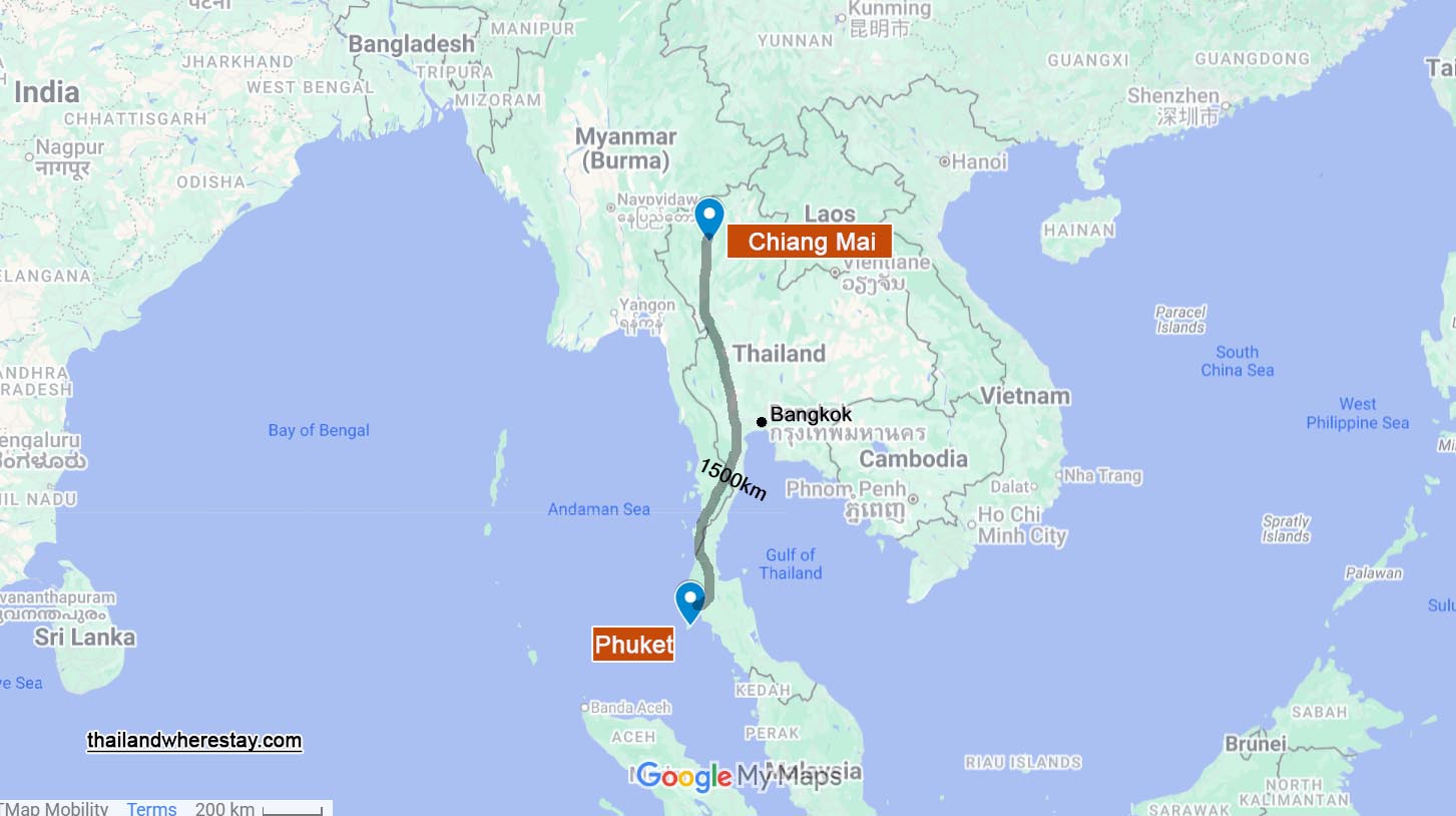 Phuket and Chiang Mai location on map