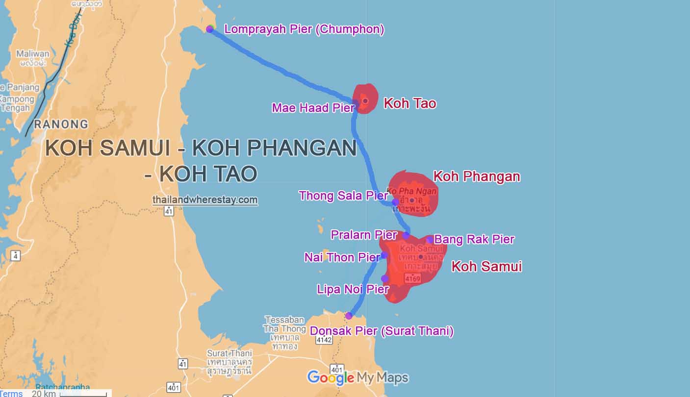 Samui, Phangan, Ko Tao size and Pier on map