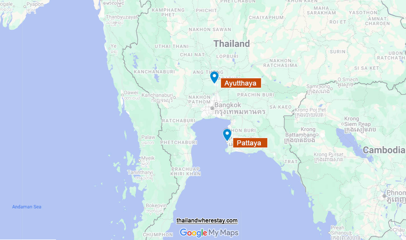 Ayutthaya and Pattaya location on map