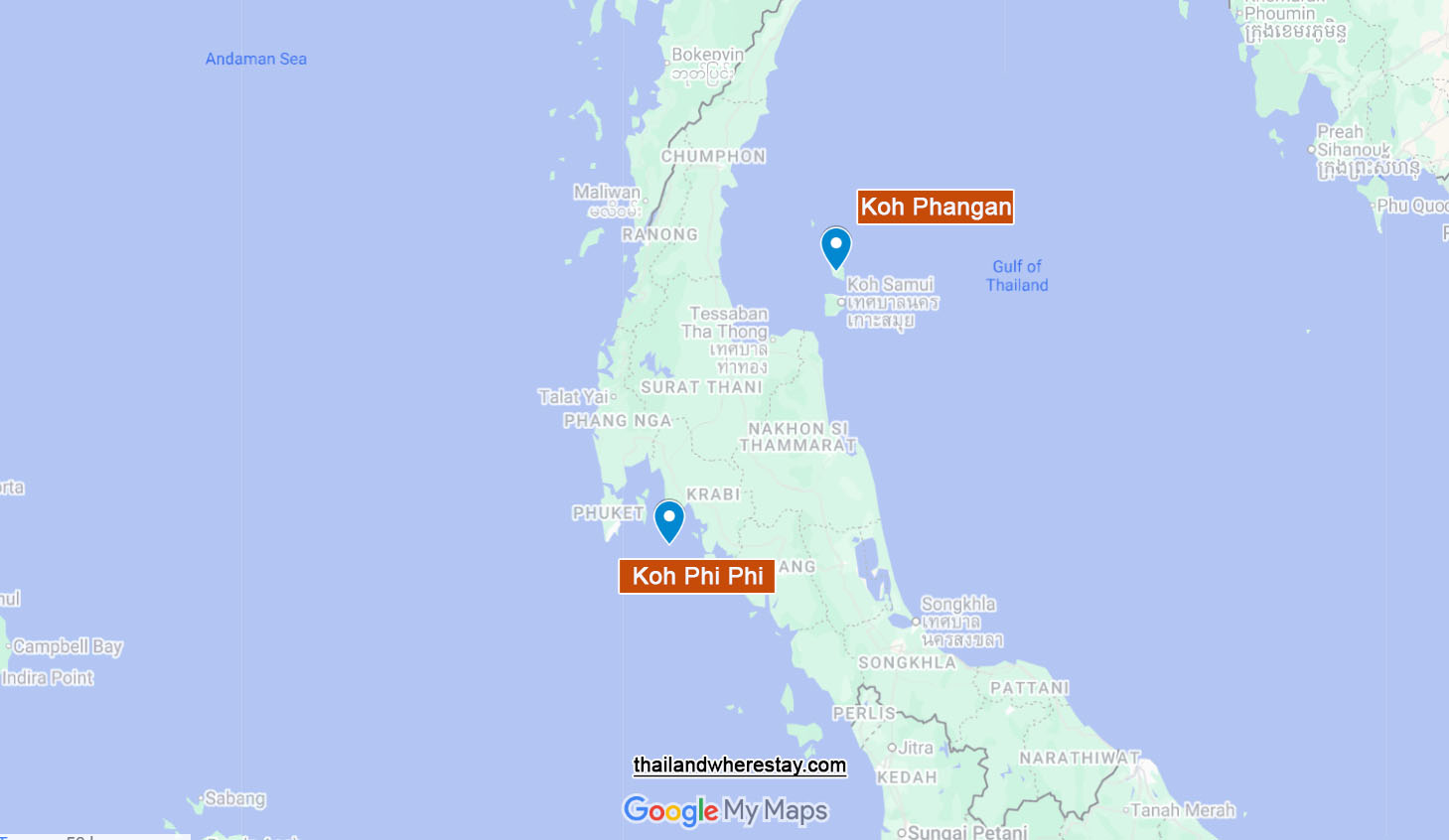 Koh Phangan and koh Phi Phi on map