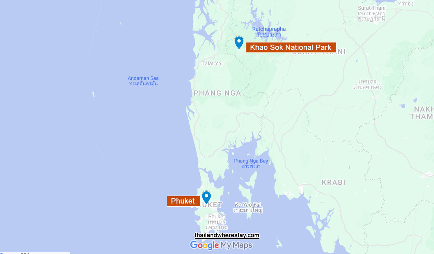 Phuket and Khao Sok on Map