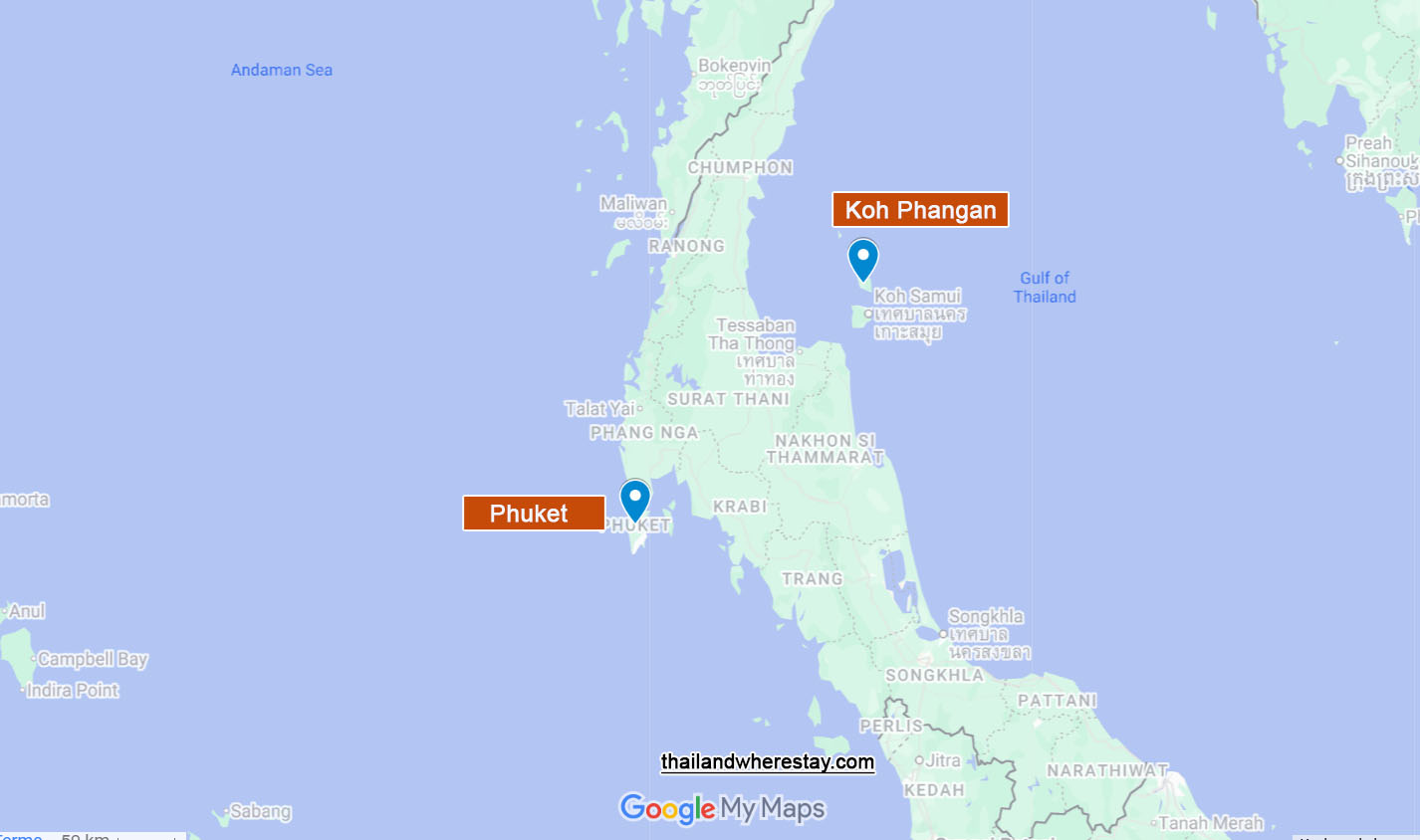Phuket and Koh Phangan location on map