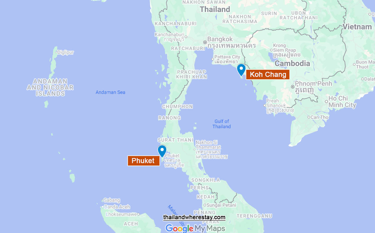 Phuket and Koh Chang on map