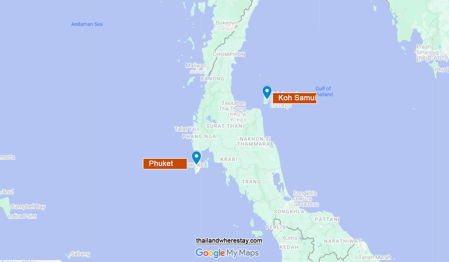 Phuket and Koh Samui location on map