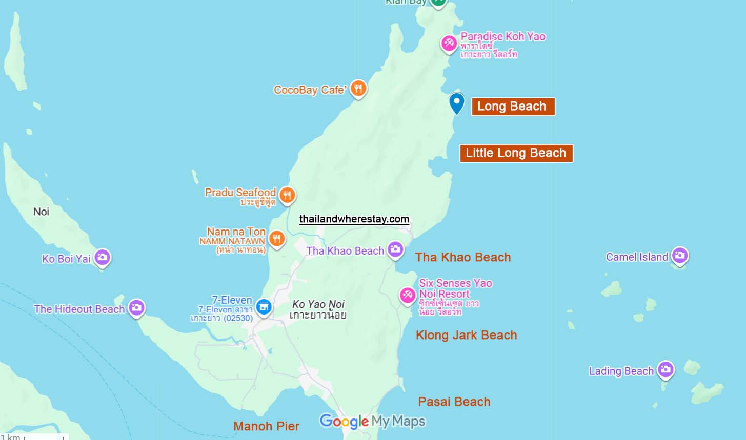 Location of Long Beach and Little Long Beach Yao Noi on map